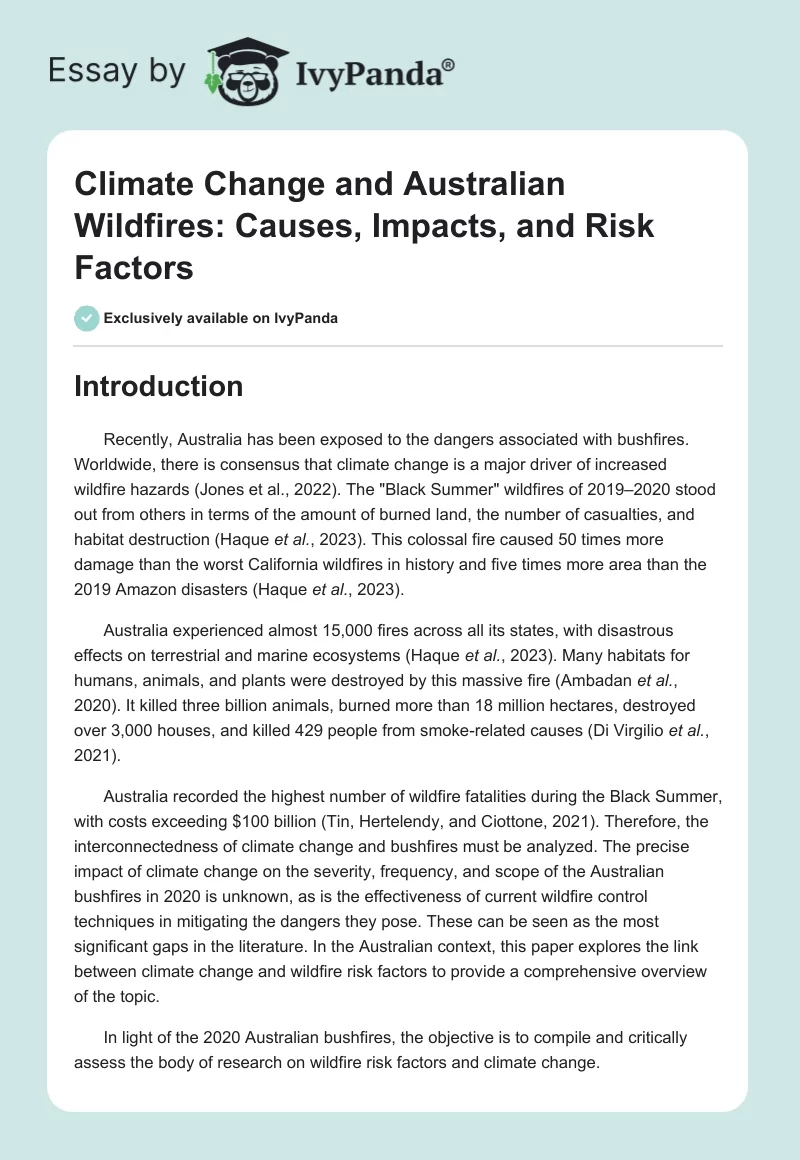 Climate Change and Australian Wildfires: Causes, Impacts, and Risk Factors. Page 1