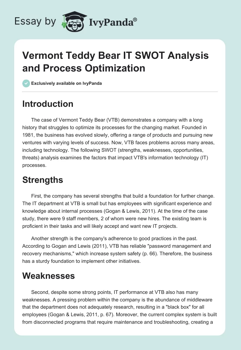 Vermont Teddy Bear IT SWOT Analysis and Process Optimization. Page 1