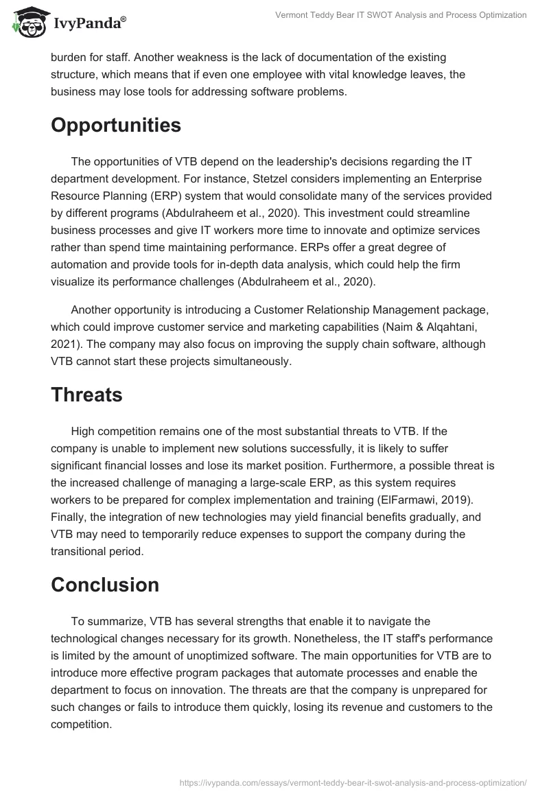 Vermont Teddy Bear IT SWOT Analysis and Process Optimization. Page 2