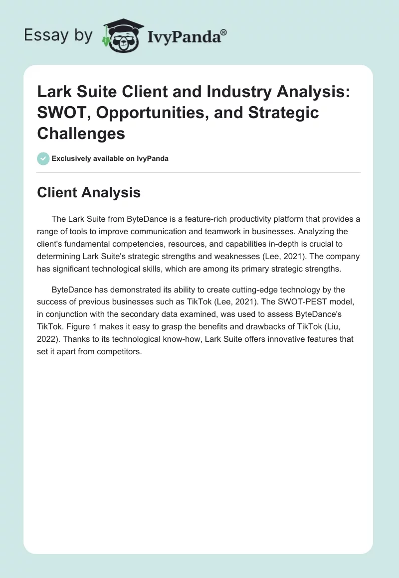 Lark Suite Client and Industry Analysis: SWOT, Opportunities, and Strategic Challenges. Page 1
