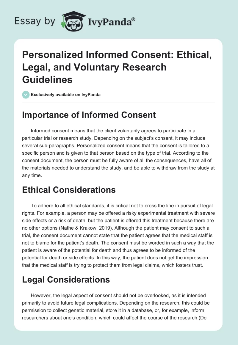 Personalized Informed Consent: Ethical, Legal, and Voluntary Research Guidelines. Page 1