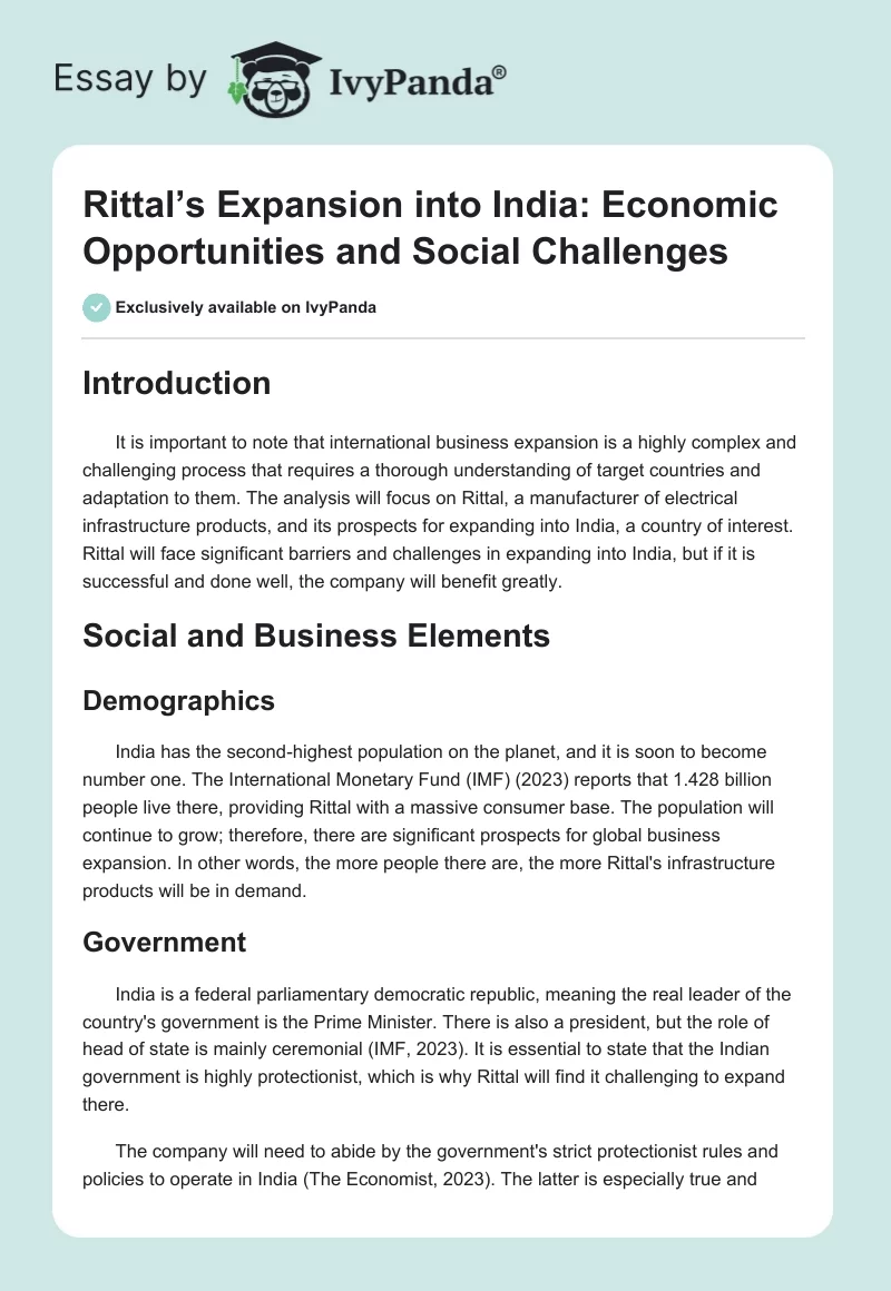Rittal’s Expansion into India: Economic Opportunities and Social Challenges. Page 1