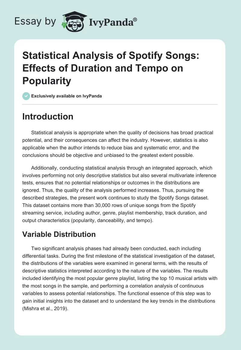 Statistical Analysis of Spotify Songs: Effects of Duration and Tempo on Popularity. Page 1