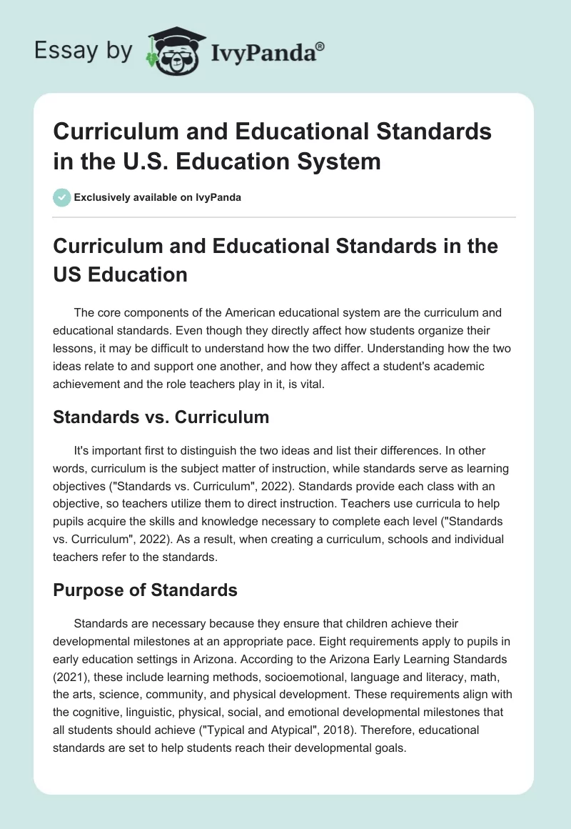 Curriculum and Educational Standards in the U.S. Education System. Page 1