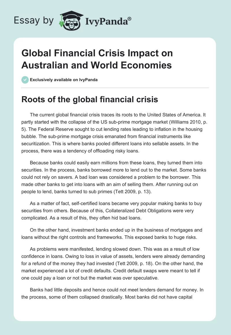 Global Financial Crisis Impact on Australian and World Economies. Page 1