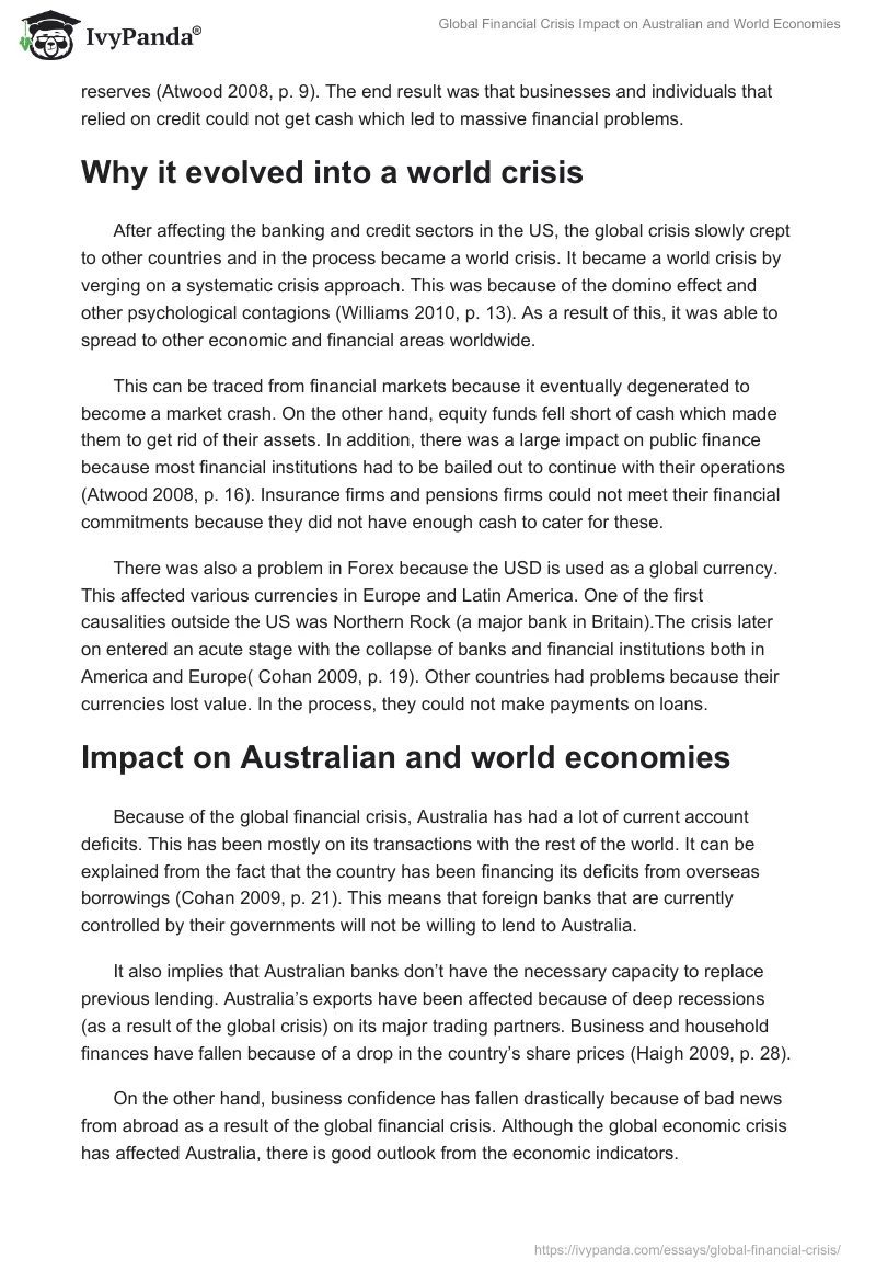 Global Financial Crisis Impact on Australian and World Economies. Page 2