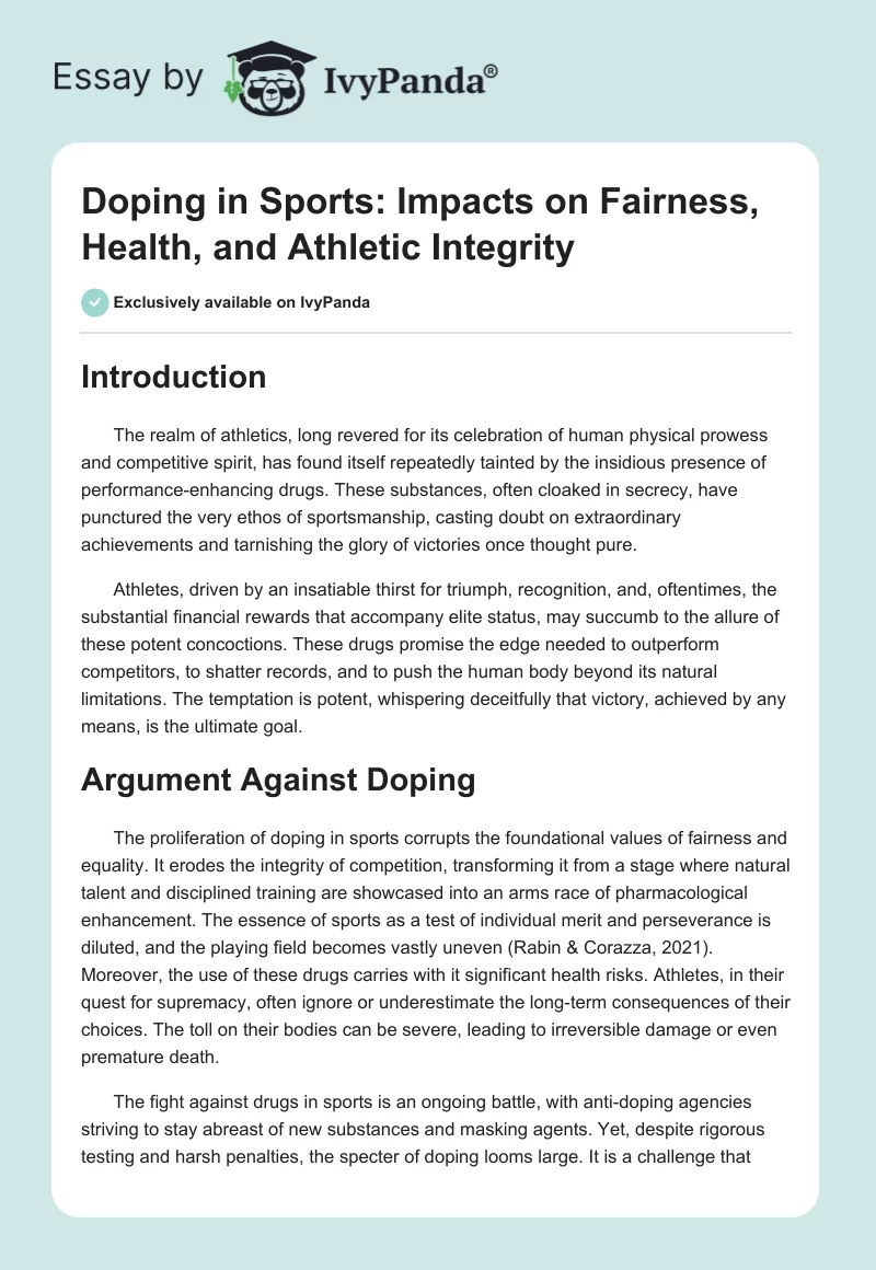 Doping in Sports: Impacts on Fairness, Health, and Athletic Integrity. Page 1