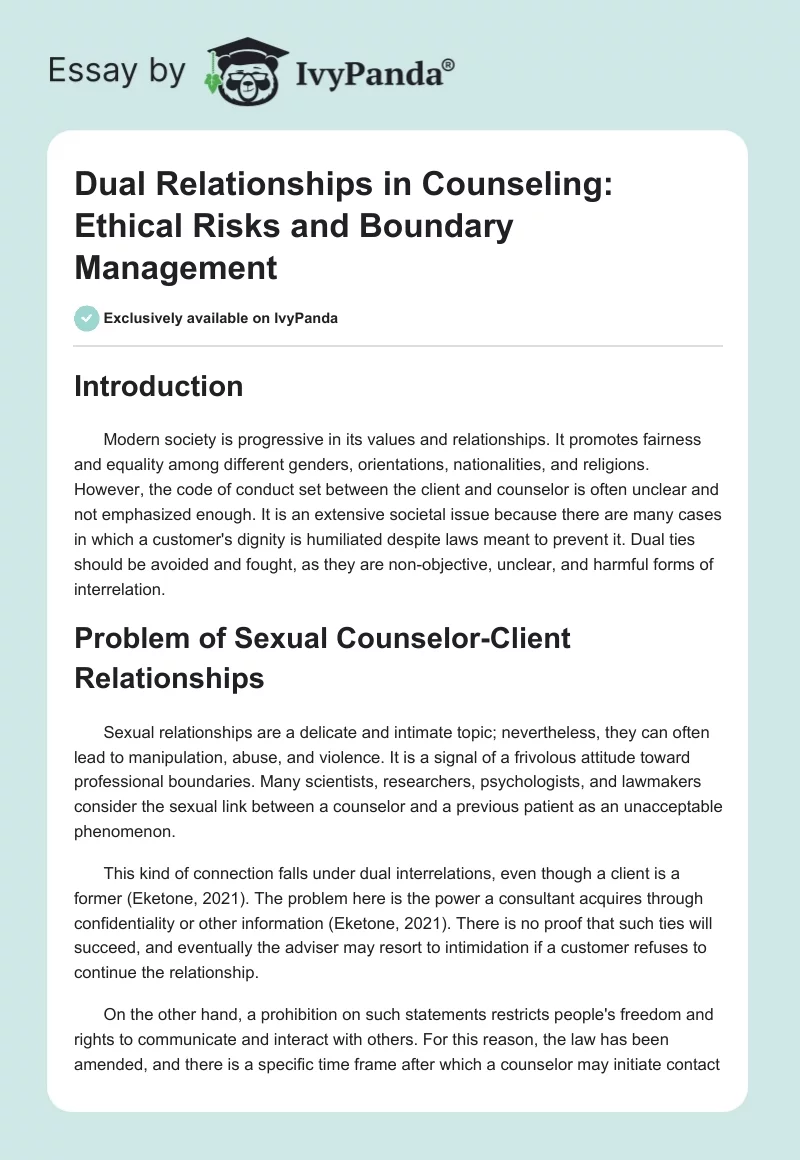Dual Relationships in Counseling: Ethical Risks and Boundary Management. Page 1