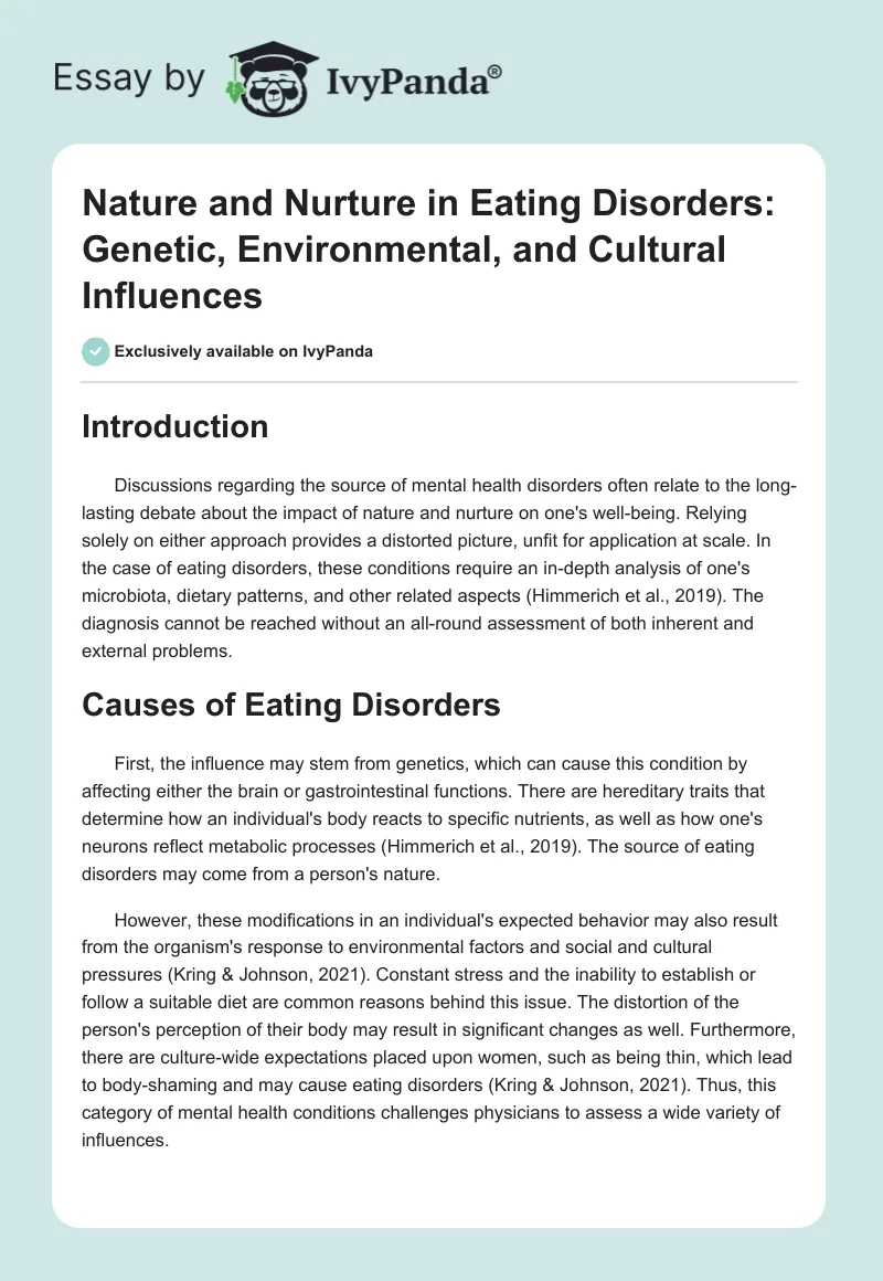 Nature and Nurture in Eating Disorders: Genetic, Environmental, and Cultural Influences. Page 1