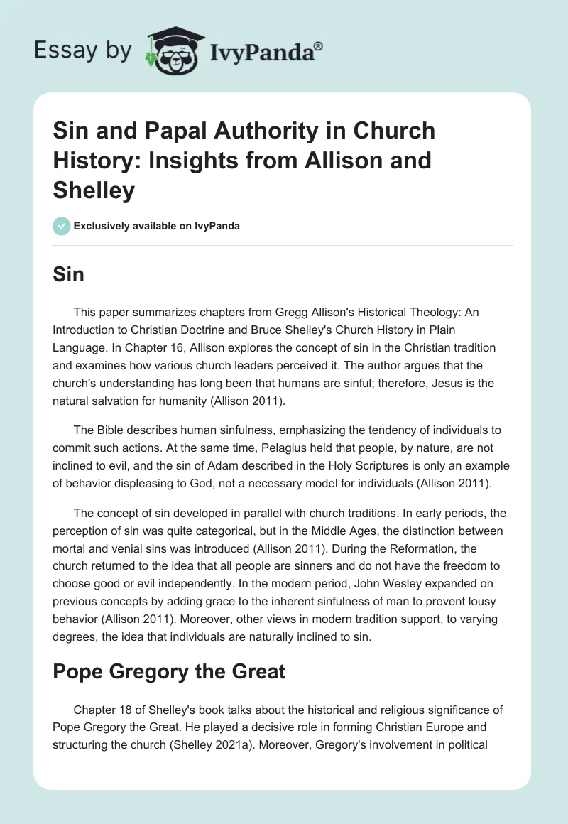 Sin and Papal Authority in Church History: Insights from Allison and Shelley. Page 1