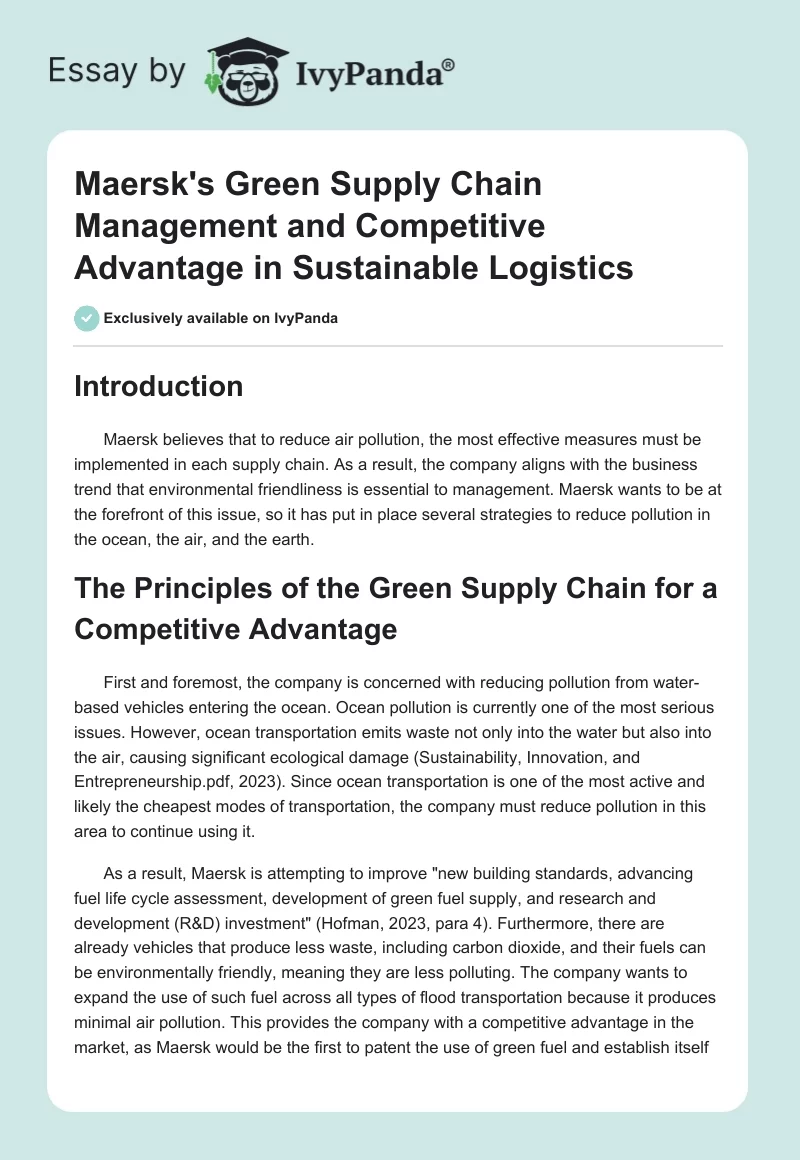 Maersk's Green Supply Chain Management and Competitive Advantage in Sustainable Logistics. Page 1
