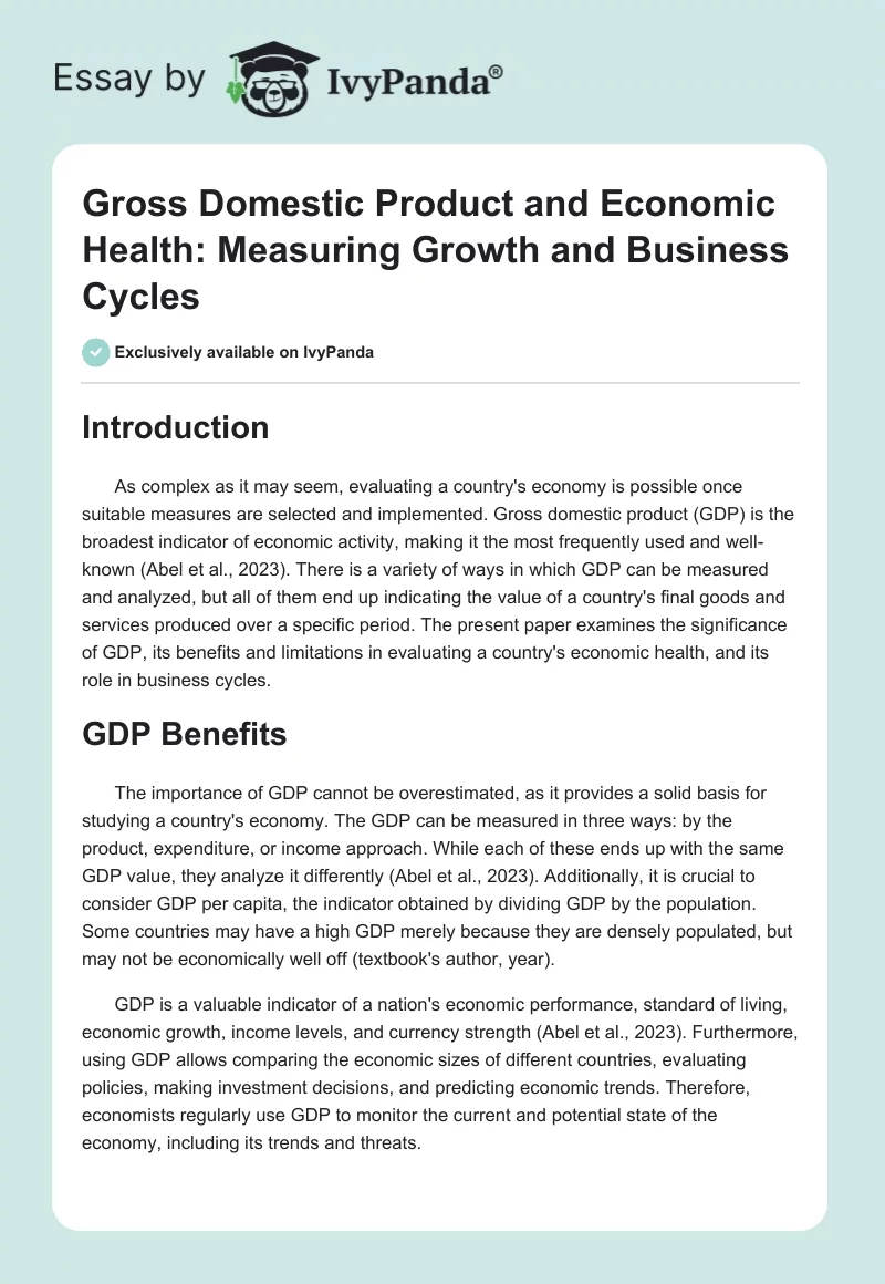 Gross Domestic Product and Economic Health: Measuring Growth and Business Cycles. Page 1