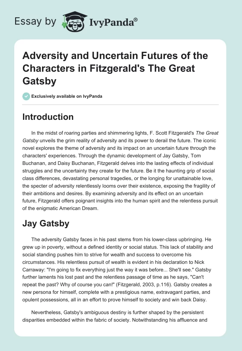 Adversity and Uncertain Futures of the Characters in Fitzgerald's The Great Gatsby. Page 1