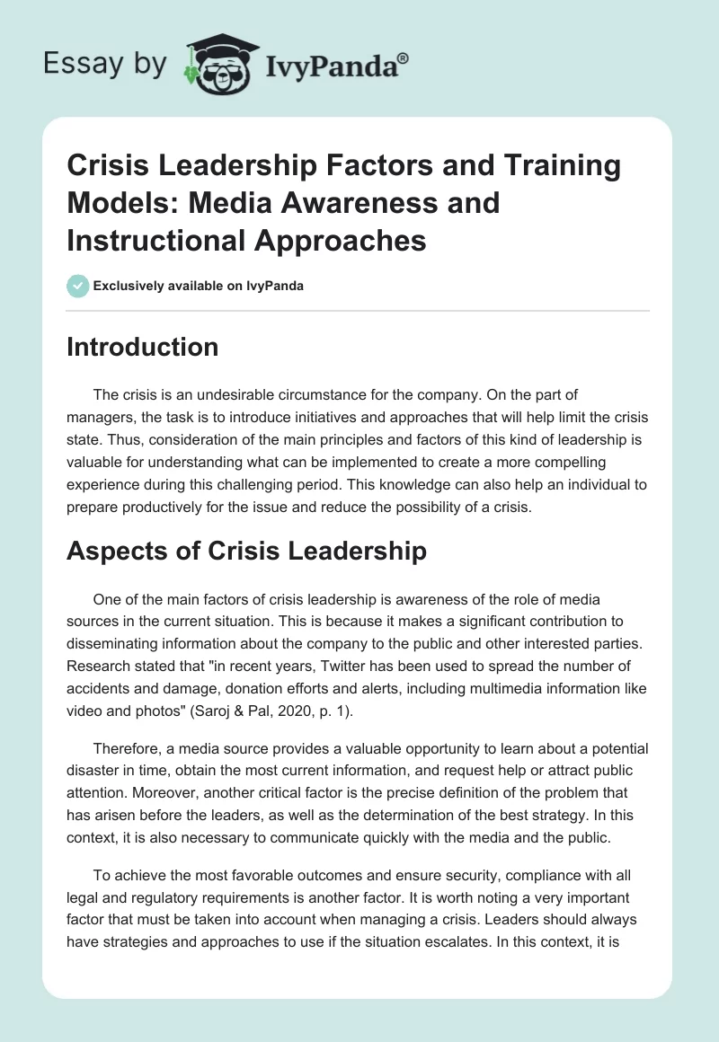 Crisis Leadership Factors and Training Models: Media Awareness and Instructional Approaches. Page 1