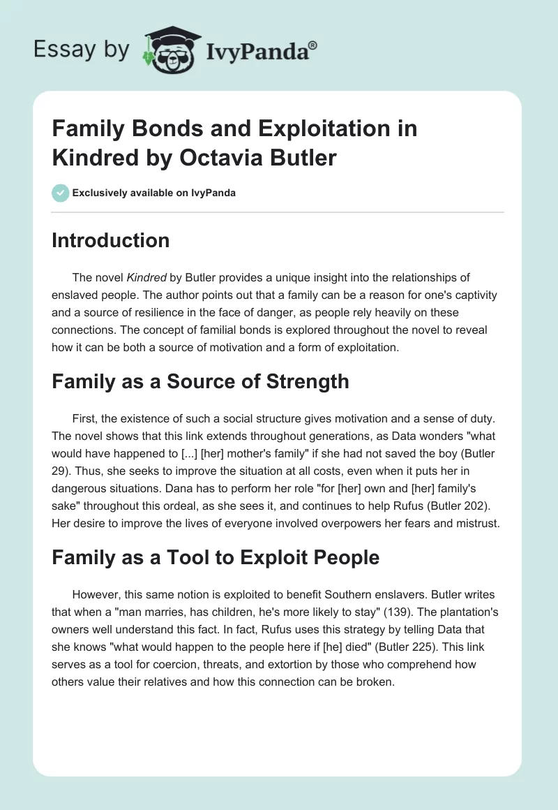 Family Bonds and Exploitation in Kindred by Octavia Butler. Page 1