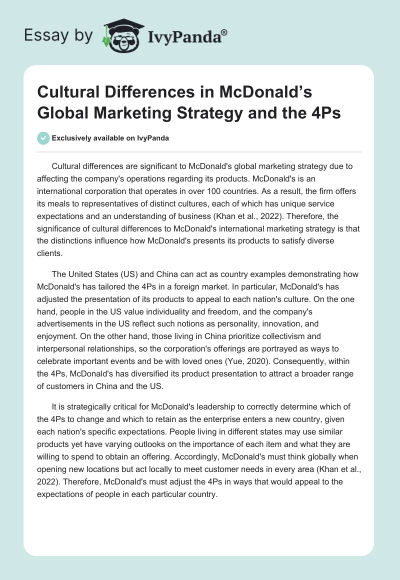 Cultural Differences in McDonald’s Global Marketing Strategy and the 4Ps. Page 1