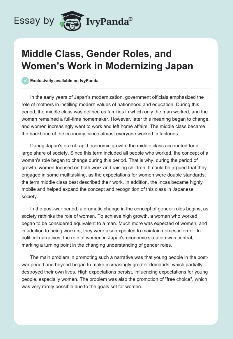 Middle Class, Gender Roles, and Women’s Work in Modernizing Japan. Page 1
