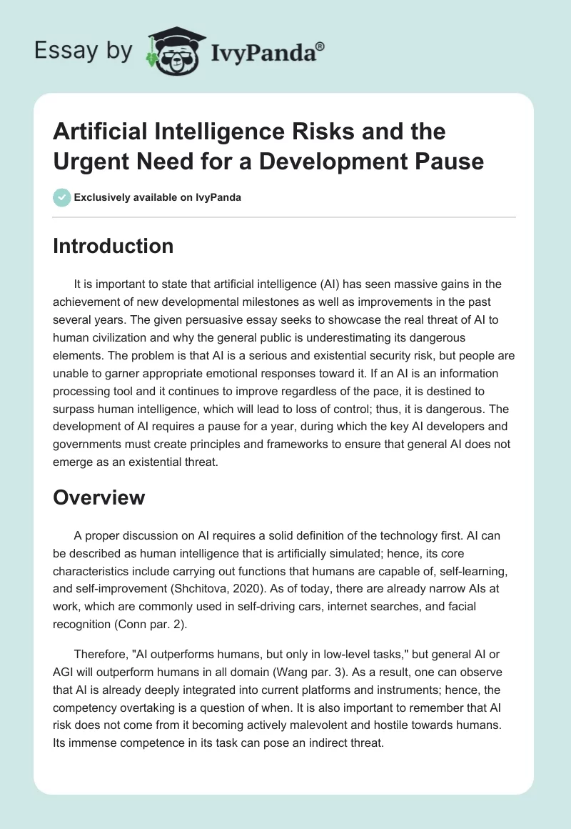 Artificial Intelligence Risks and the Urgent Need for a Development Pause. Page 1