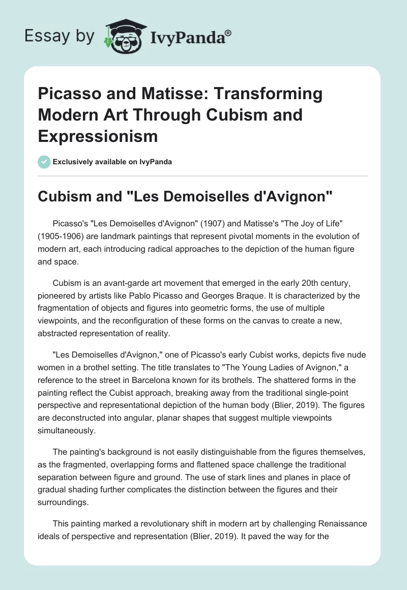 Picasso and Matisse: Transforming Modern Art Through Cubism and Expressionism. Page 1