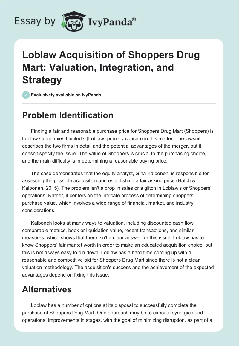Loblaw Acquisition of Shoppers Drug Mart: Valuation, Integration, and Strategy. Page 1
