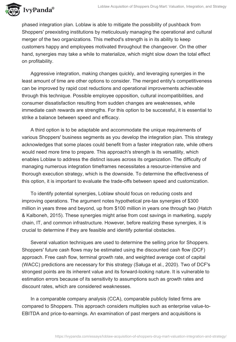 Loblaw Acquisition of Shoppers Drug Mart: Valuation, Integration, and Strategy. Page 2
