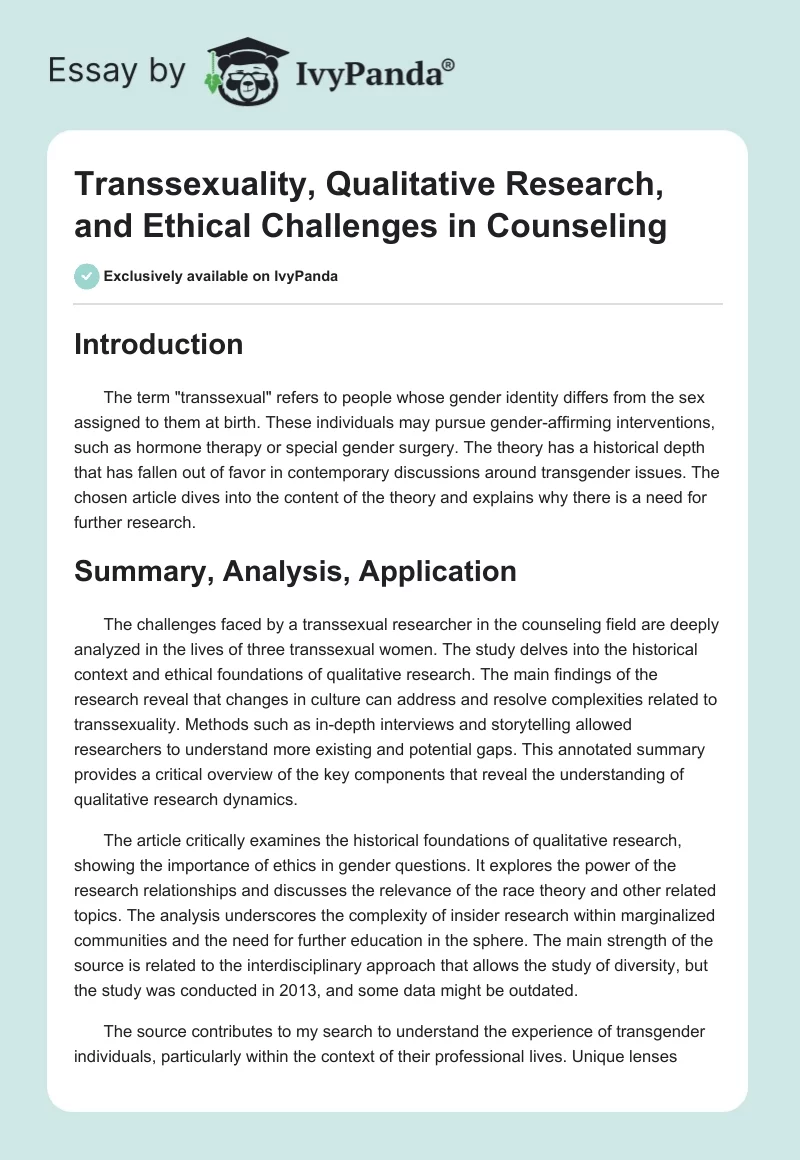 Transsexuality, Qualitative Research, and Ethical Challenges in Counseling. Page 1