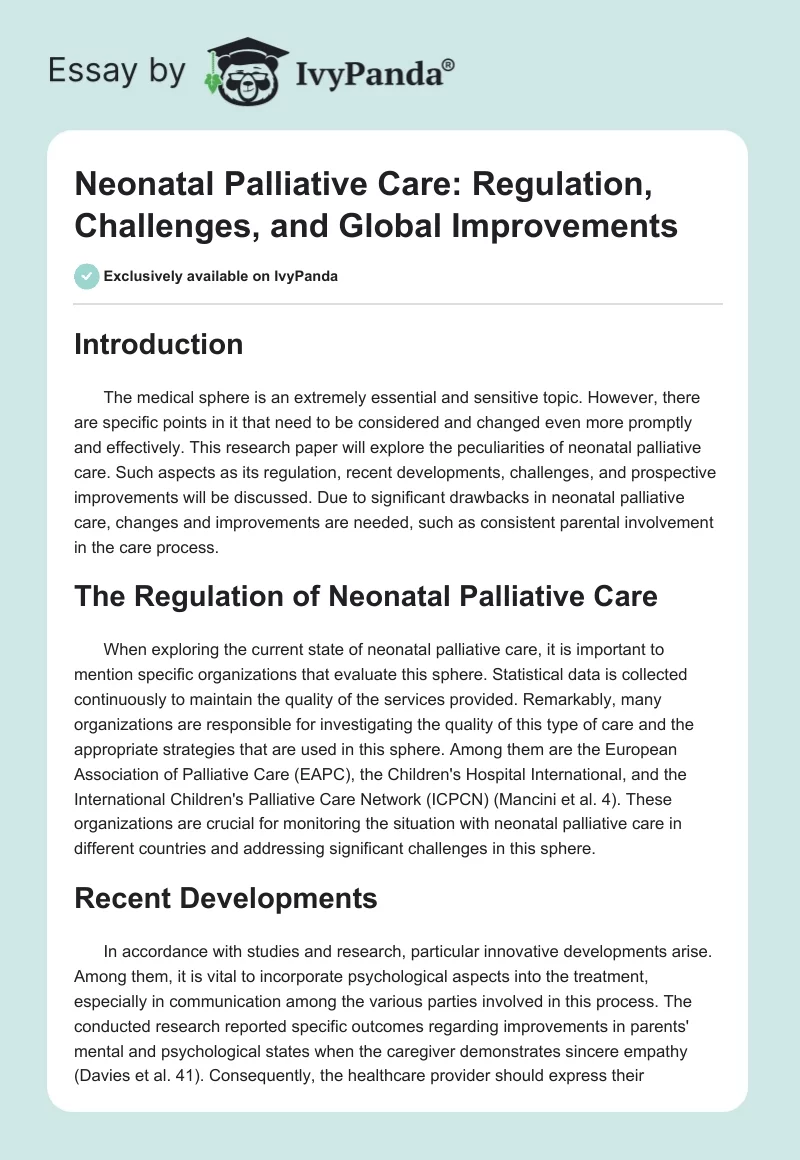 Neonatal Palliative Care: Regulation, Challenges, and Global Improvements. Page 1