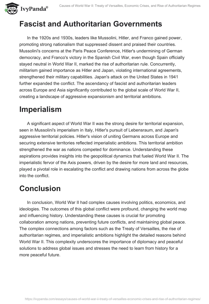 Causes of World War II: Treaty of Versailles, Economic Crises, and Rise of Authoritarian Regimes. Page 2