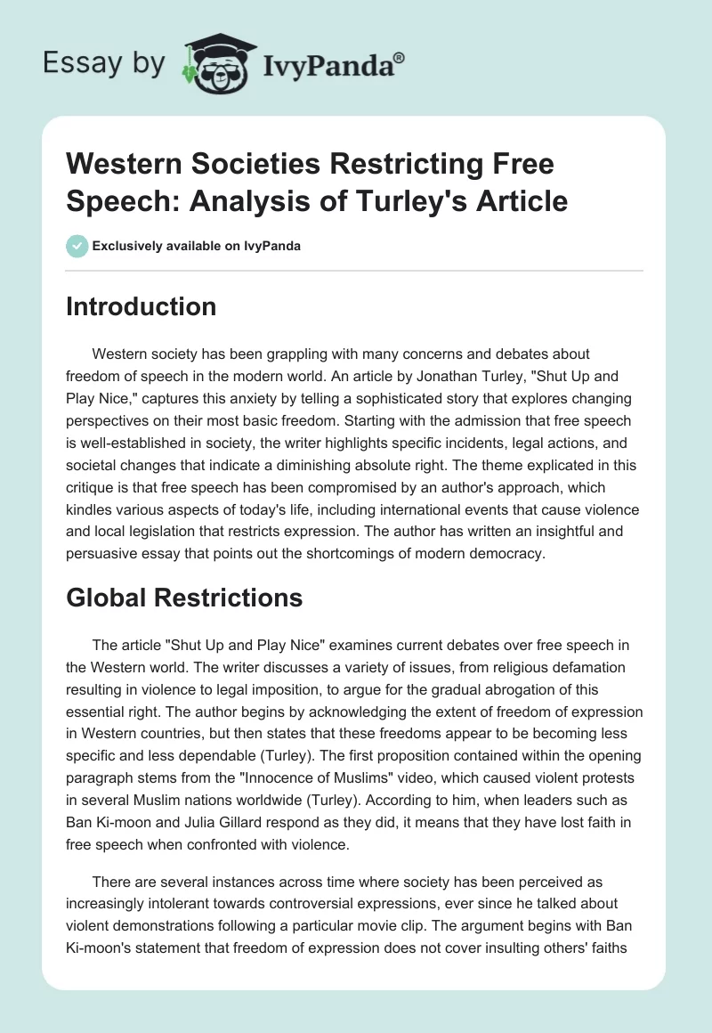 Western Societies Restricting Free Speech: Analysis of Turley's Article. Page 1