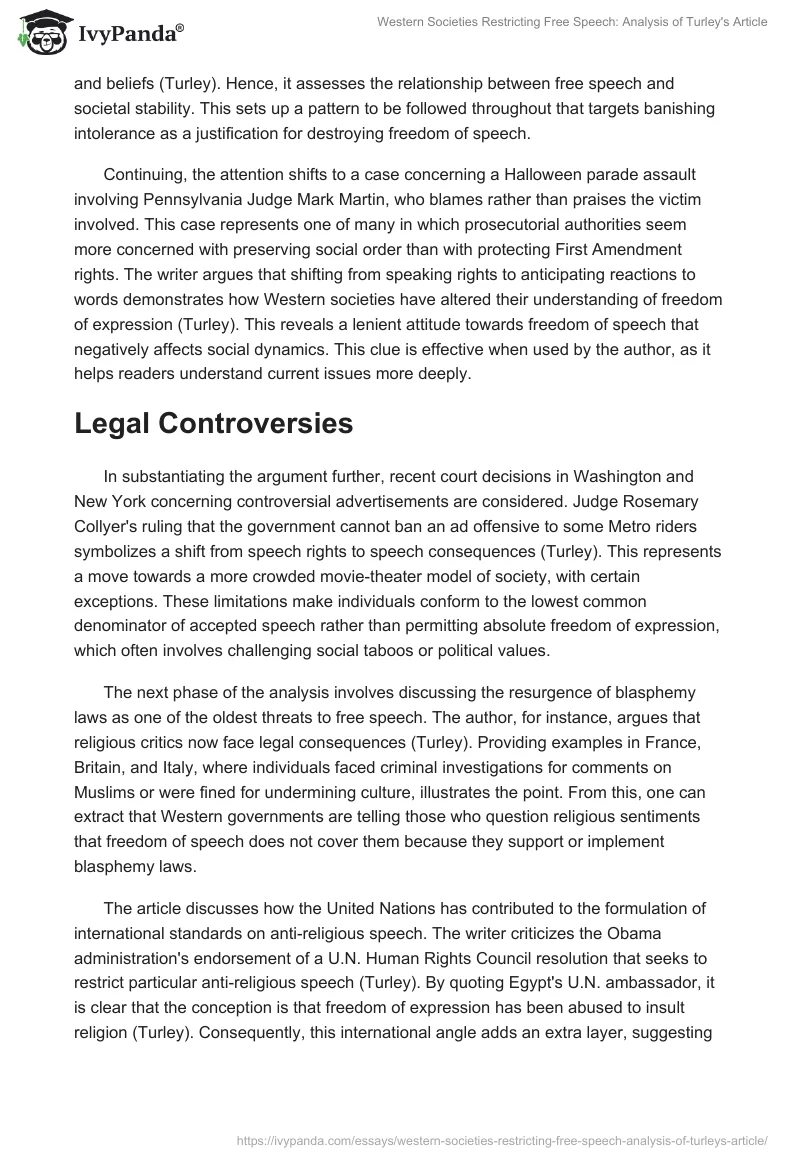 Western Societies Restricting Free Speech: Analysis of Turley's Article. Page 2