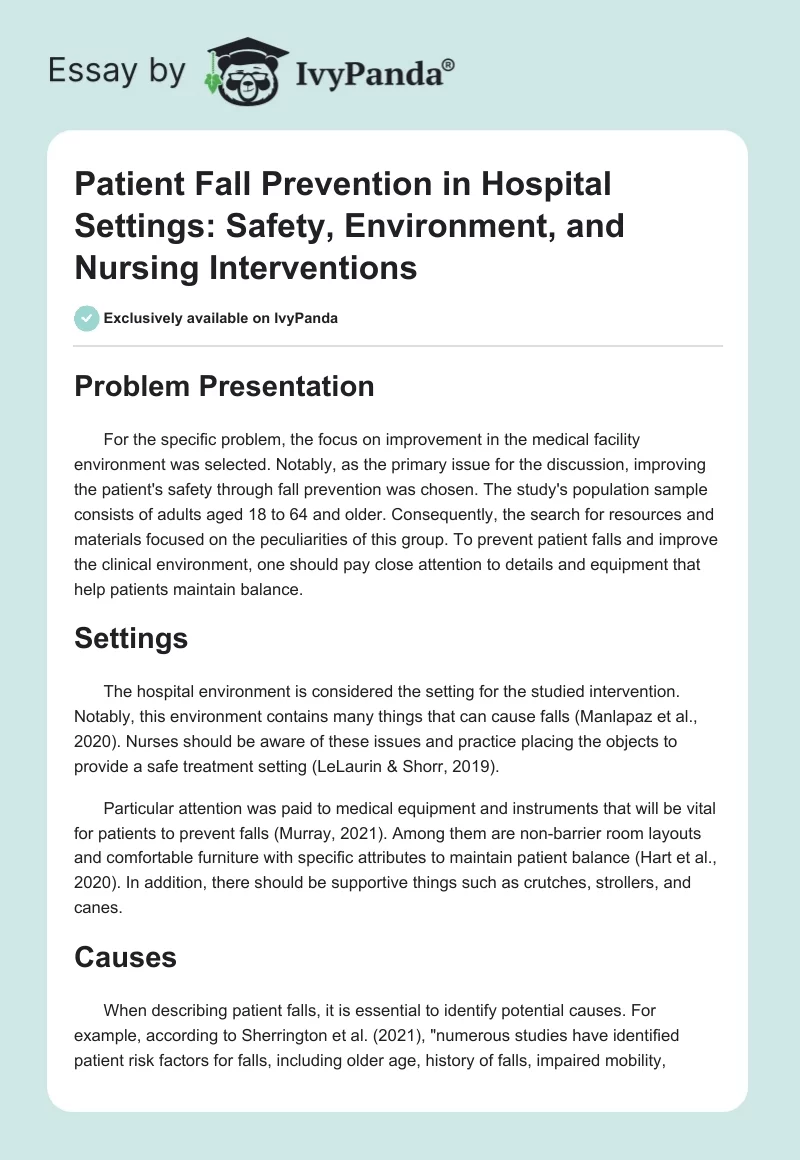 Patient Fall Prevention in Hospital Settings: Safety, Environment, and Nursing Interventions. Page 1