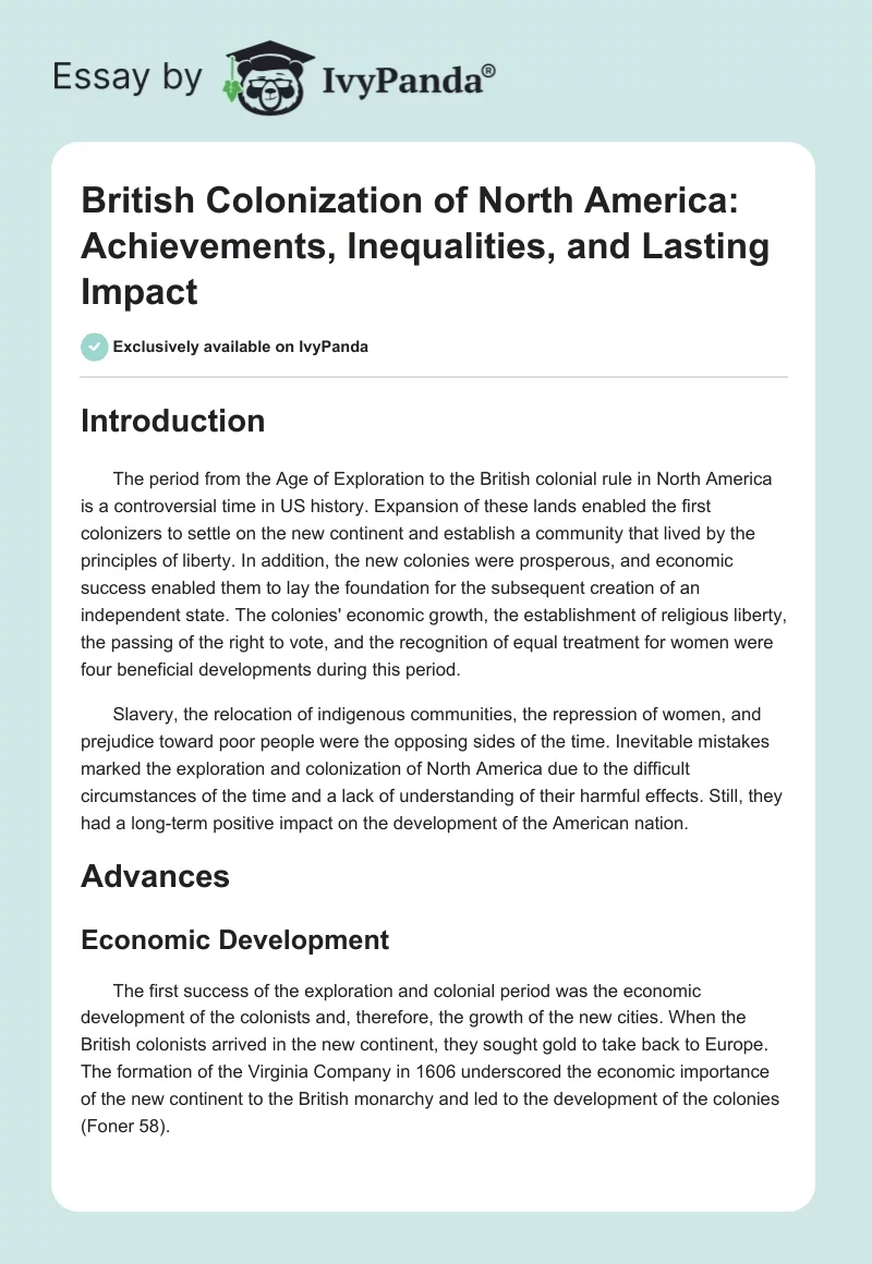 British Colonization of North America: Achievements, Inequalities, and Lasting Impact. Page 1