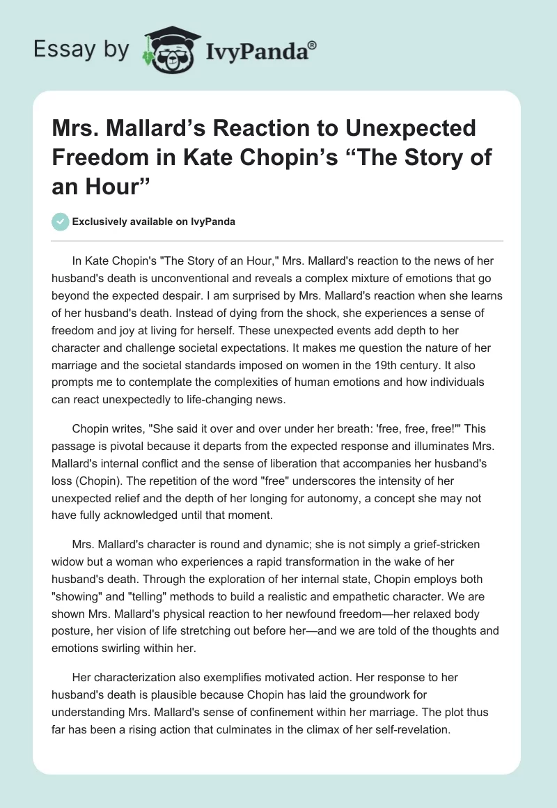 Mrs. Mallard’s Reaction to Unexpected Freedom in Kate Chopin’s “The Story of an Hour”. Page 1
