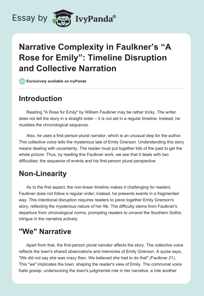 Narrative Complexity in Faulkner’s “A Rose for Emily”: Timeline Disruption and Collective Narration. Page 1