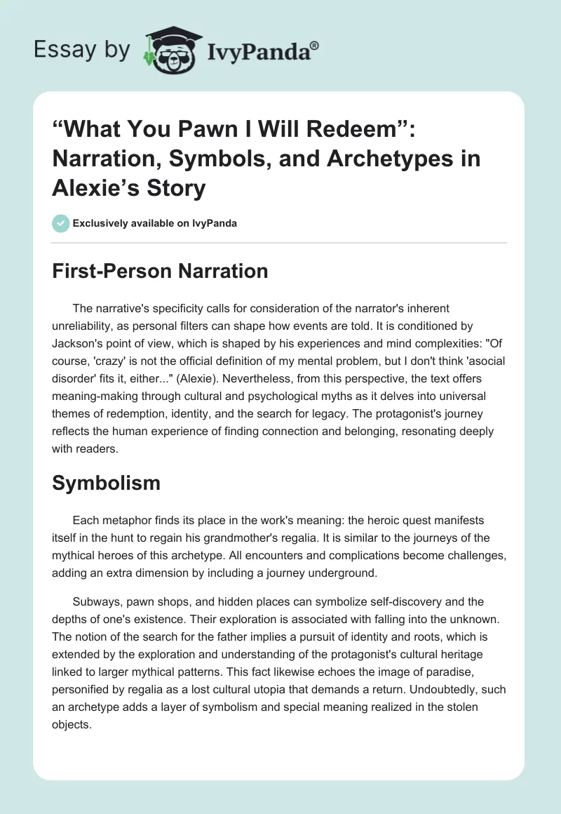 “What You Pawn I Will Redeem”: Narration, Symbols, and Archetypes in Alexie’s Story. Page 1