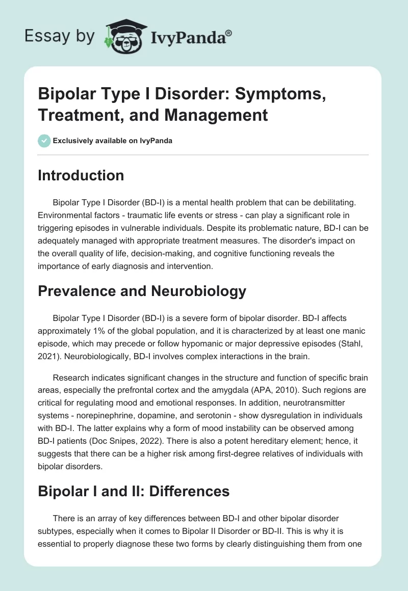 Bipolar Type I Disorder: Symptoms, Treatment, and Management. Page 1