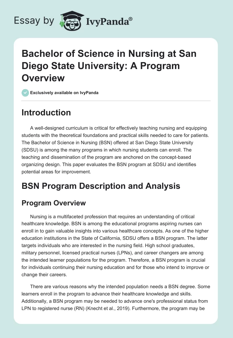 Bachelor of Science in Nursing at San Diego State University: A Program Overview. Page 1