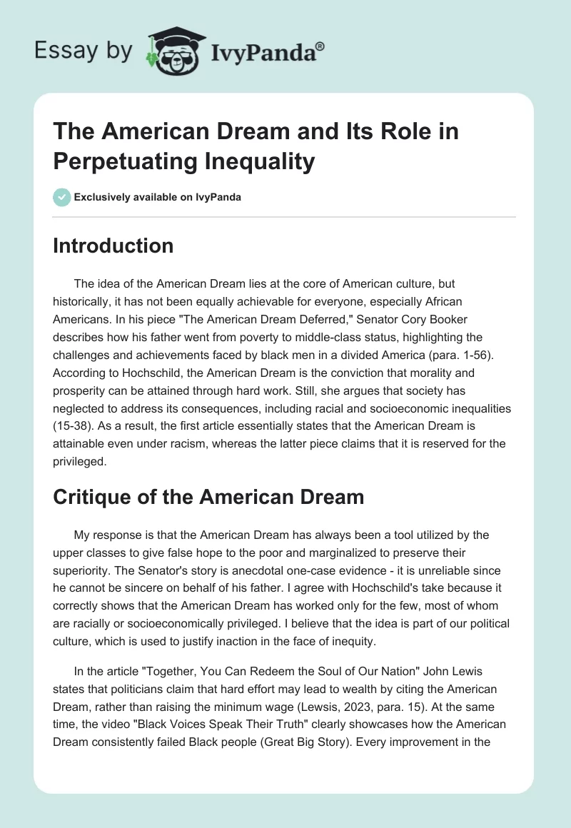 The American Dream and Its Role in Perpetuating Inequality. Page 1