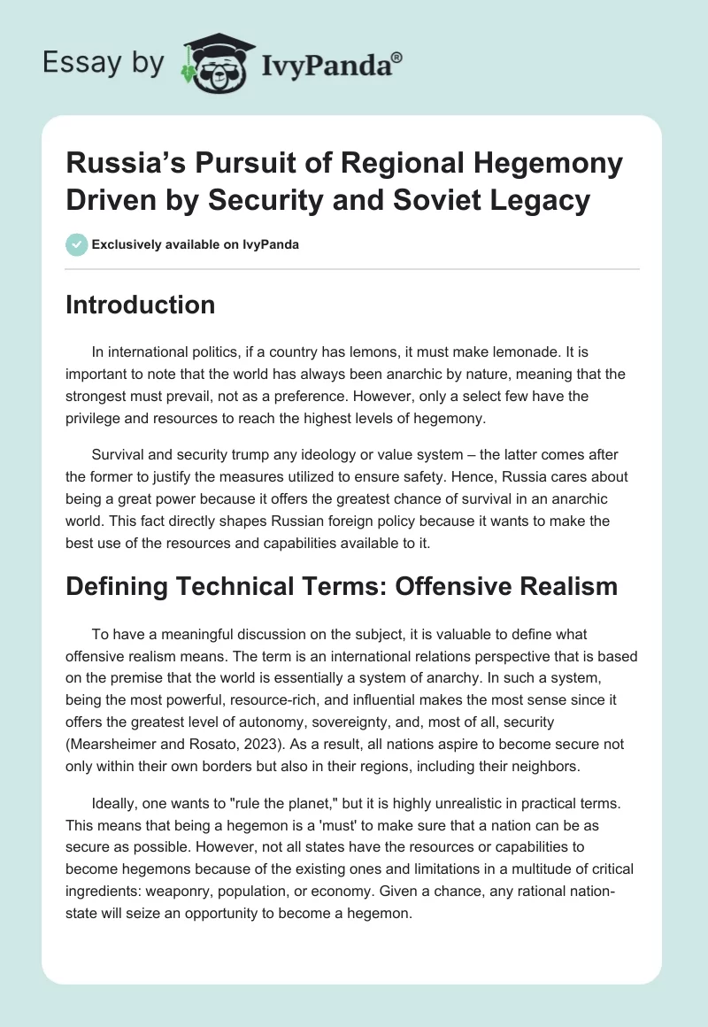 Russia’s Pursuit of Regional Hegemony Driven by Security and Soviet Legacy. Page 1