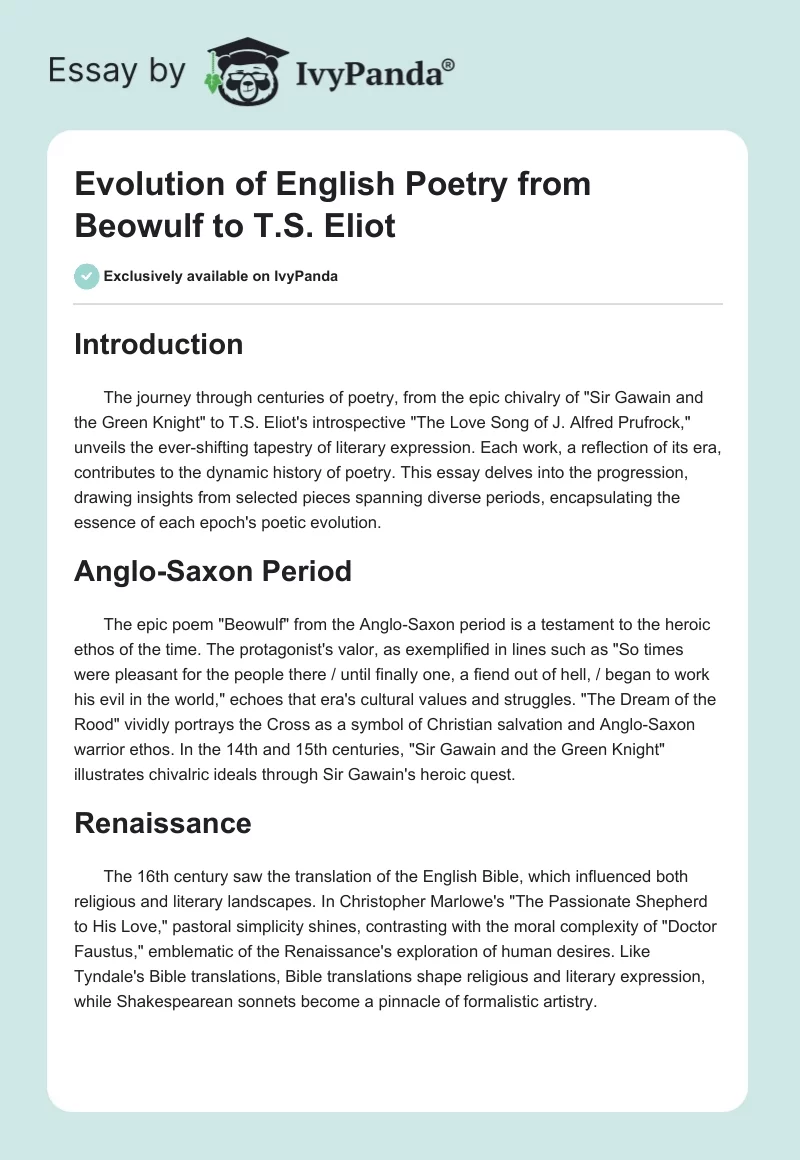 Evolution of English Poetry from Beowulf to T.S. Eliot. Page 1
