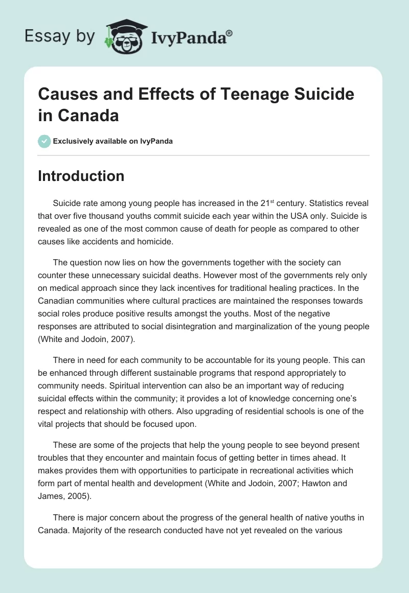 Causes and Effects of Teenage Suicide in Canada. Page 1