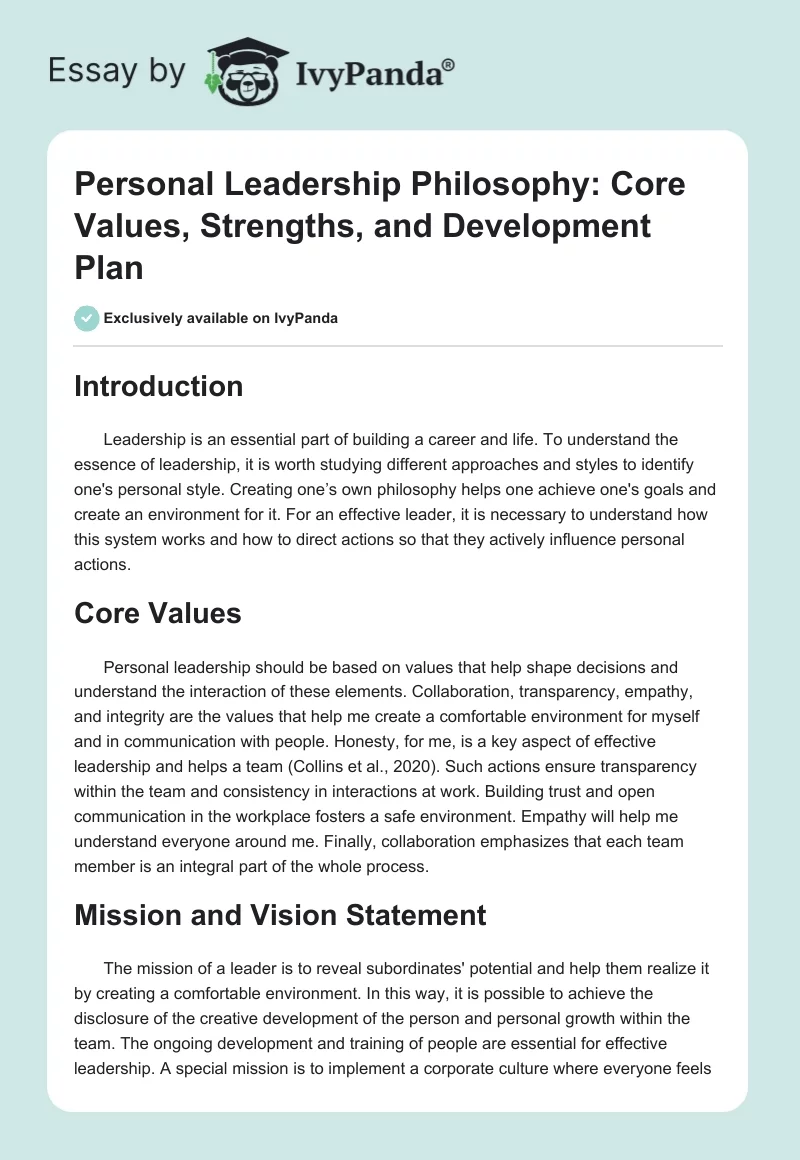 Personal Leadership Philosophy: Core Values, Strengths, and Development Plan. Page 1