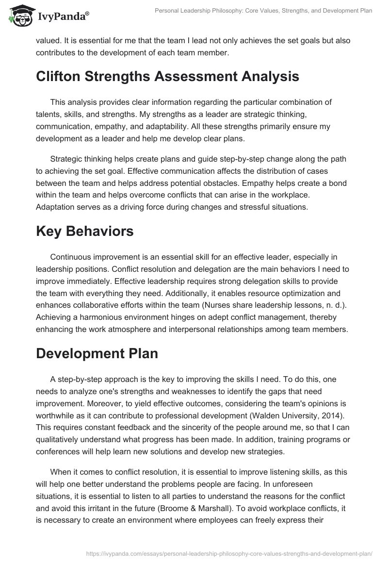 Personal Leadership Philosophy: Core Values, Strengths, and Development Plan. Page 2