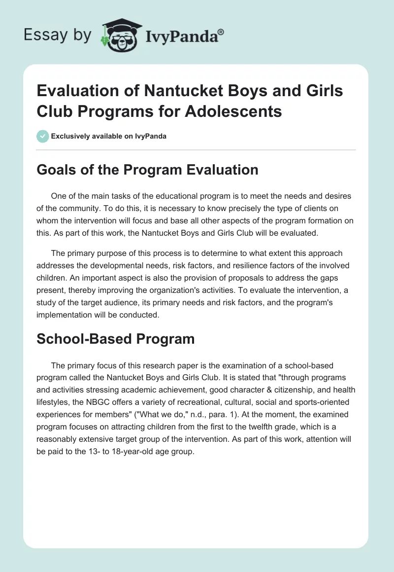 Evaluation of Nantucket Boys and Girls Club Programs for Adolescents. Page 1