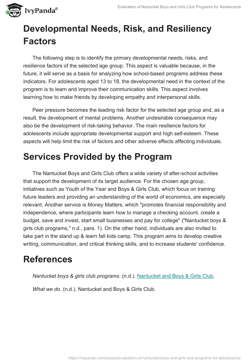 Evaluation of Nantucket Boys and Girls Club Programs for Adolescents. Page 2