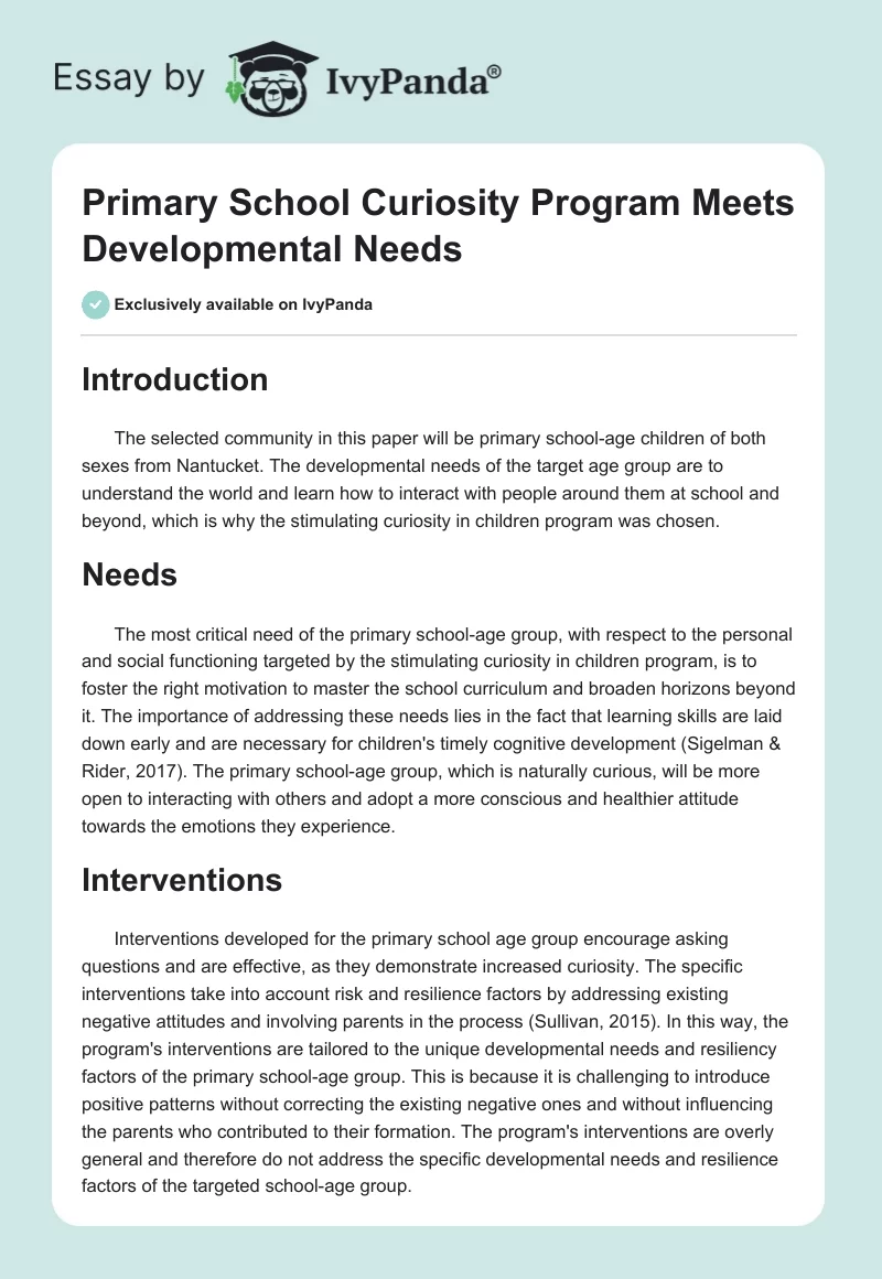 Primary School Curiosity Program Meets Developmental Needs. Page 1