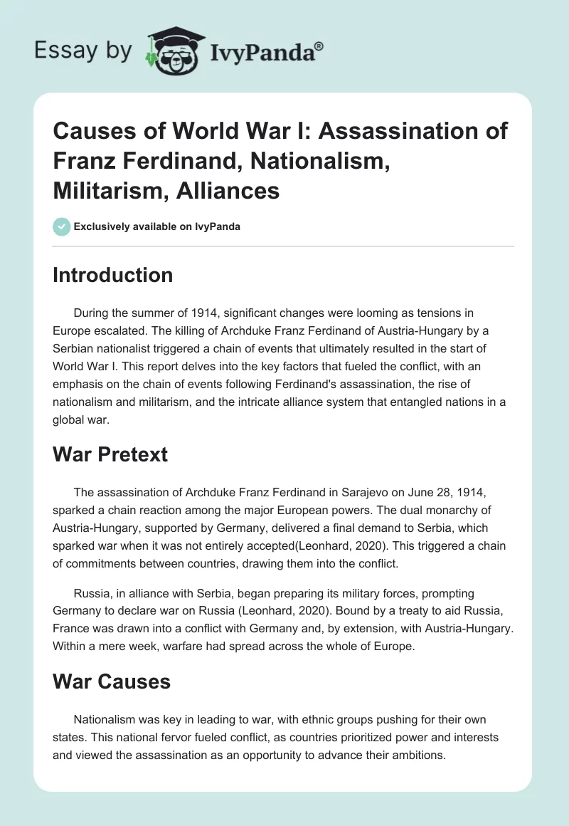 Causes of World War I: Assassination of Franz Ferdinand, Nationalism, Militarism, Alliances. Page 1