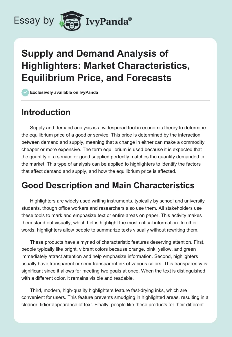 Supply and Demand Analysis of Highlighters: Market Characteristics, Equilibrium Price, and Forecasts. Page 1