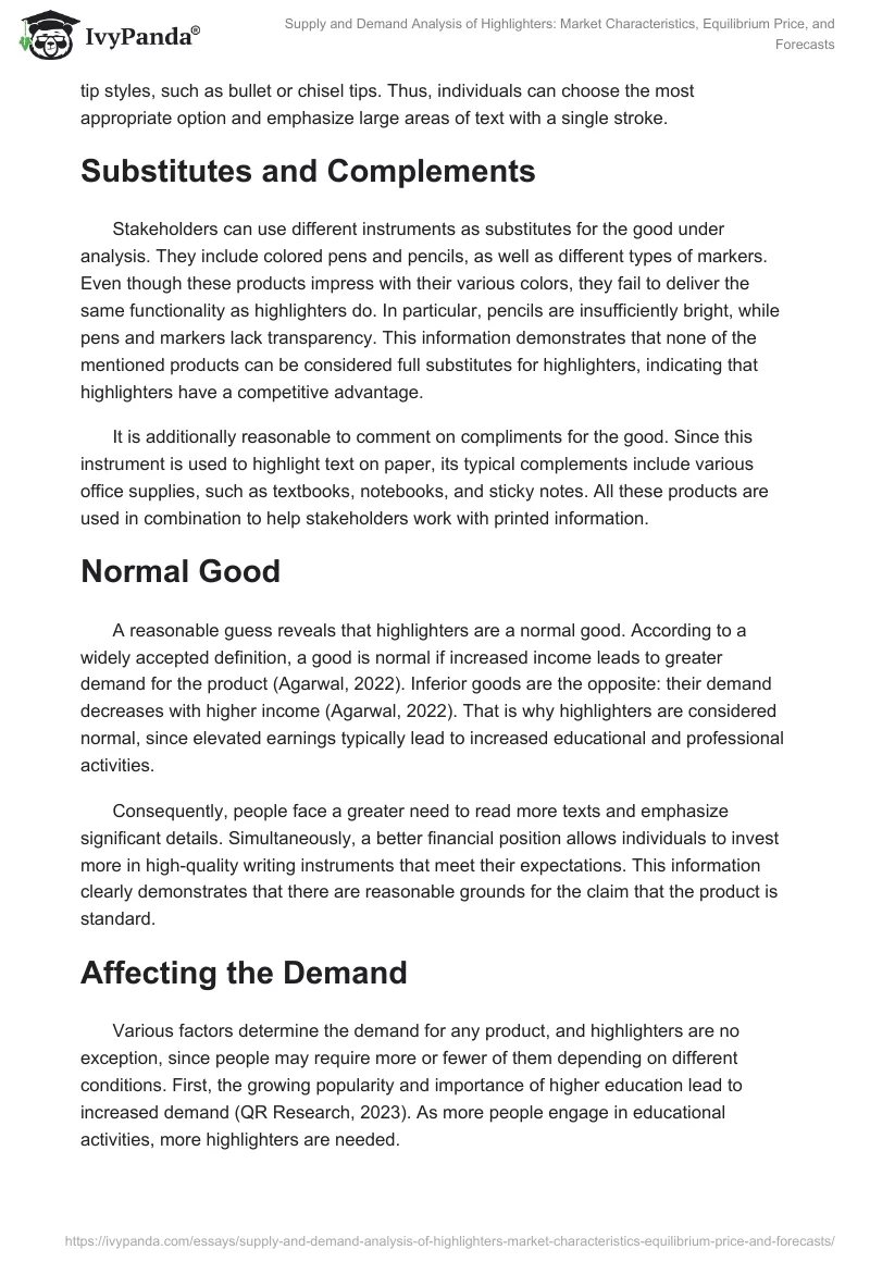 Supply and Demand Analysis of Highlighters: Market Characteristics, Equilibrium Price, and Forecasts. Page 2