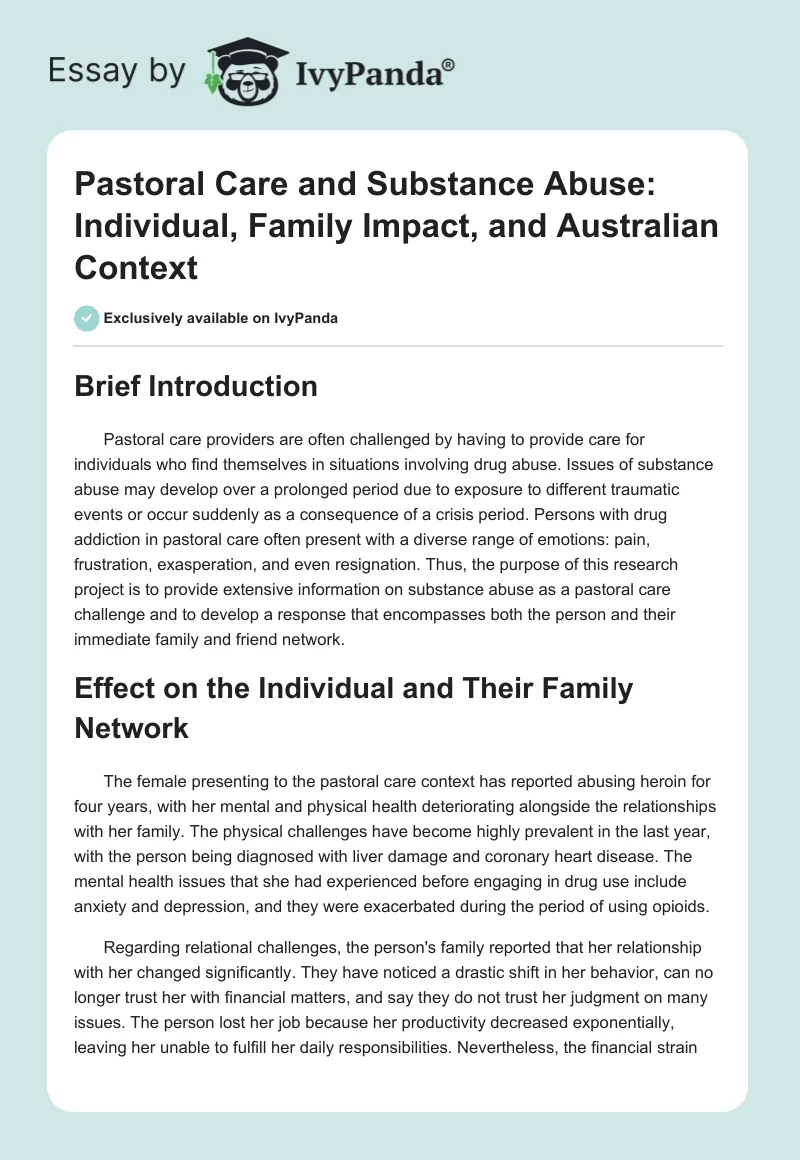 Pastoral Care and Substance Abuse: Individual, Family Impact, and Australian Context. Page 1